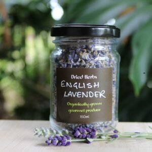 Jar of dried English lavender flowers