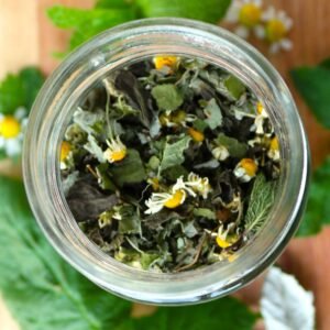 looking in the open jar top of Moon Goddess Herbal Tea with fresh ingredients in the background